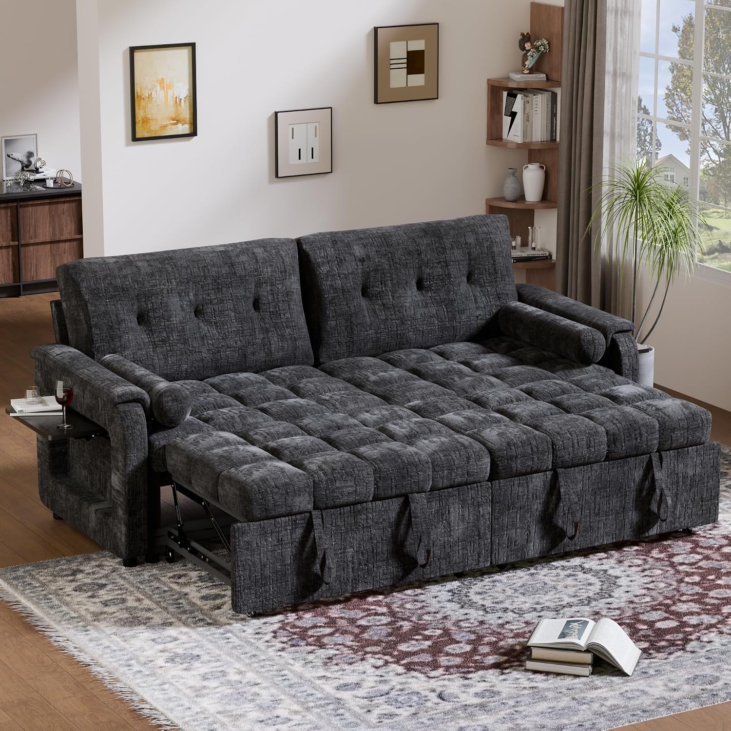 Convertible Sleeper Sofa Bed, 86 Inch Chenille Pull Out Couch with Side Table & Adjustable Backrest, Sectional Sleeper Sofa with Pull Out Bed for Living Room, Apartment, Black