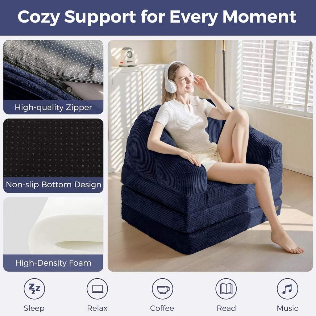 MAXYOYO Folding Sofa Bed with Backrest, Boneless Fold Out Couch Bed with Handle, 2 in 1 Convertible Bean Bag Chair to Floor Sofa Lounger, Comfy Folding Couch for Bedroom & Living Room, Navy