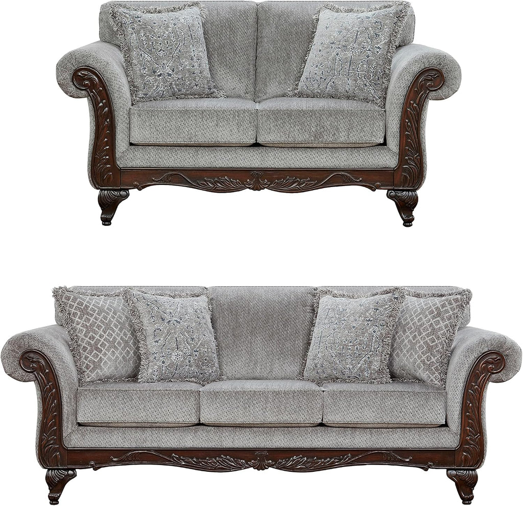 Hernen 2-Piece Living Room Set, Carved Wood Frame Sofa and Loveseat, Gray