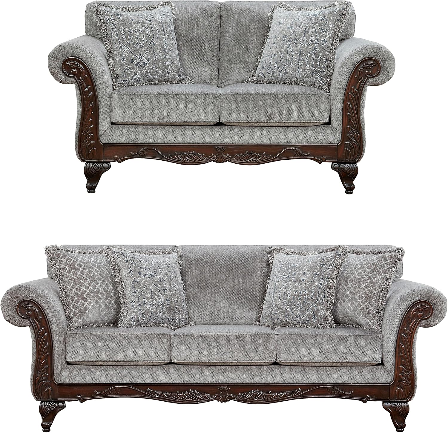 Hernen 2-Piece Living Room Set, Carved Wood Frame Sofa and Loveseat, Gray