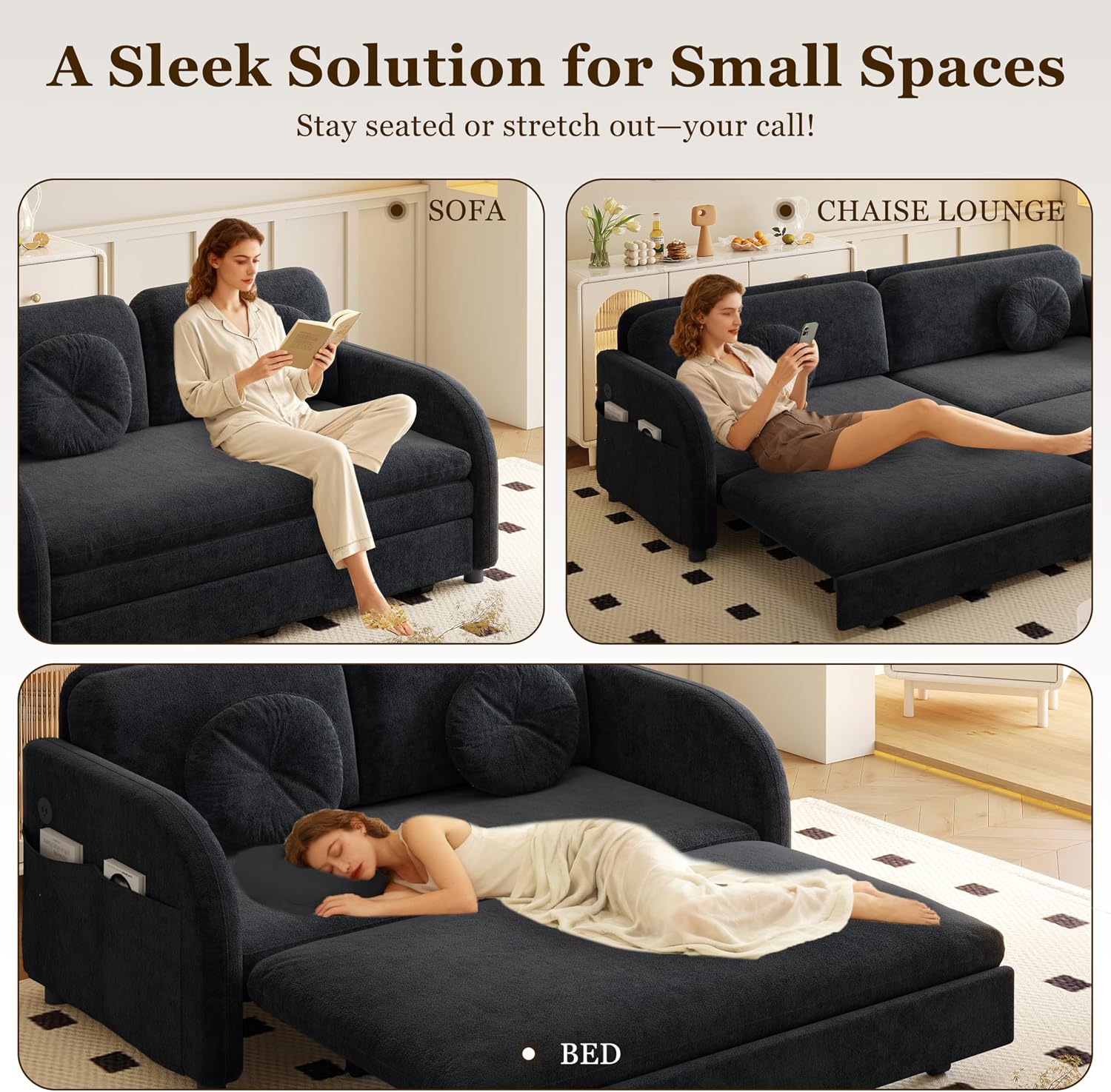 52.4'' Pull Out Couch Full-Size, Futon Sofa Bed, Convertible Sleeper Sofa Bed with USB Port, Storage Pockets, 2 Pillows, Modern Chenille Loveseat Couches for Living Room, Small Space, Black
