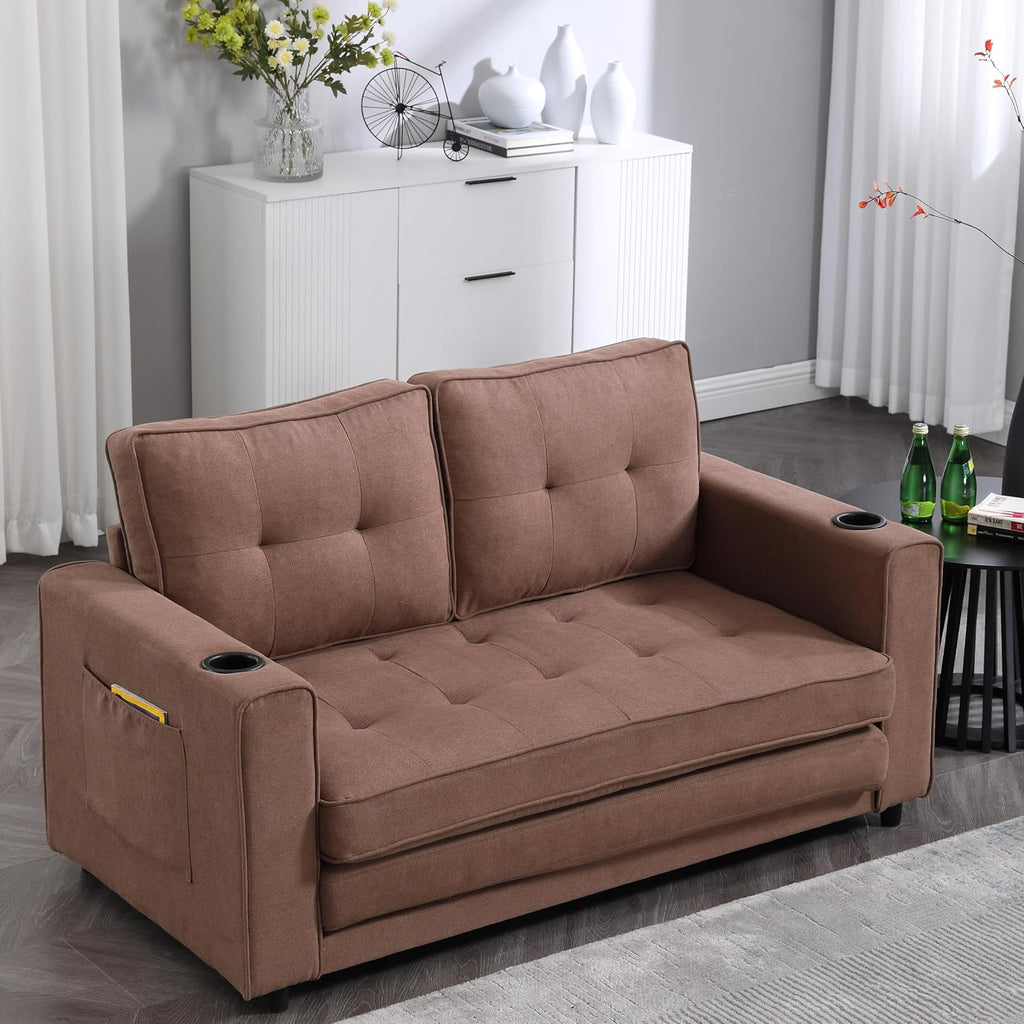 Merax Folding Sofa Bed with 2 Storage Pockets, Linen Convertible Couch Bed with Cup Holders, Loveseat Sleeper Sofa, Folding Couch Bed for Small Spaces for Living Room, Apartment, Brown