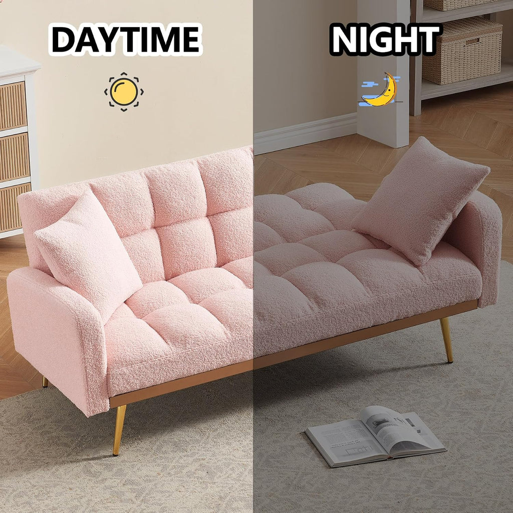 Comfy Futon Sofa Bed with 2 Pillows, Pink Futon Couch Bed with Gold Legs, Small Convertible Sofa Bed Couch for Living Room, Modern Loveseat for Bedroom, Curved Arms, Plush Tufted-Shaped,Teddy (Pink)