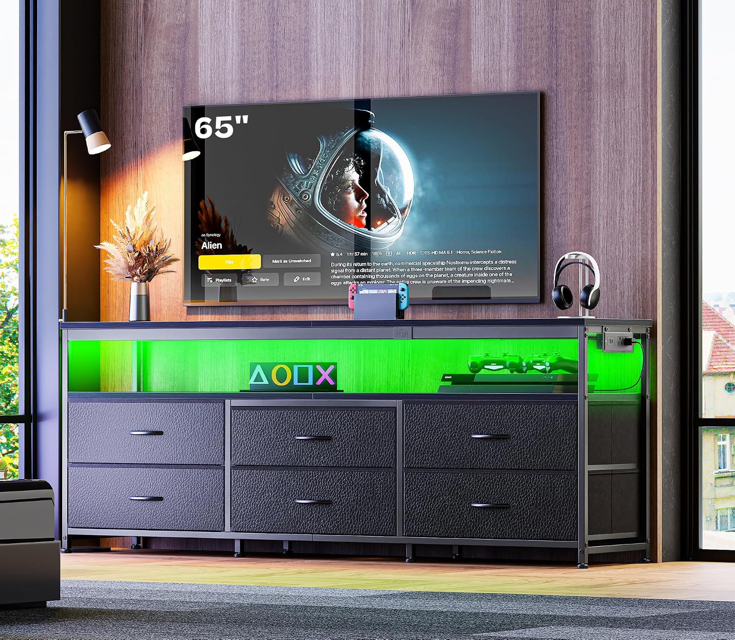 Huuger 63 Inch TV Stand for 55, 65, 70 Inch TV, Long Dresser TV Stand for Bedroom, Black LED TV Stand with Power Outlets, Fabric Drawer Dresser with Storage, Entertainment Center for Living Room