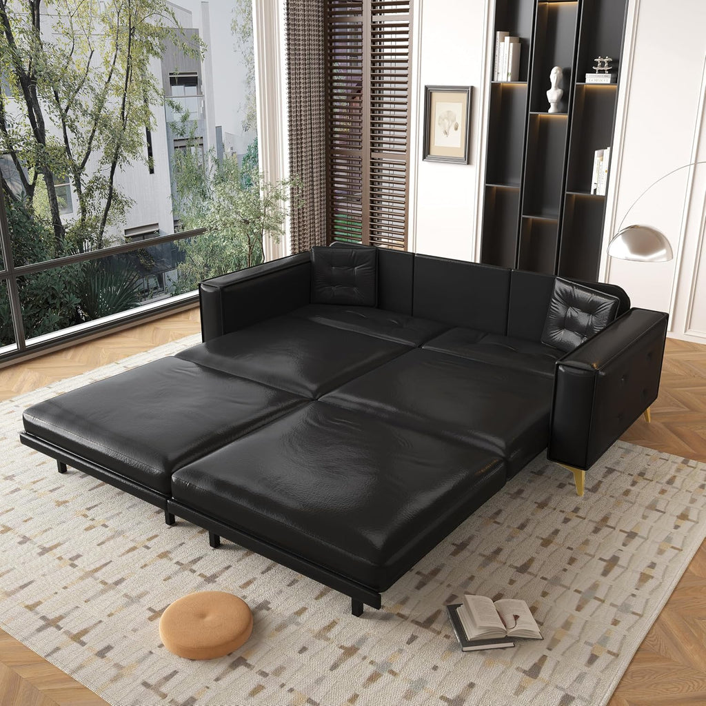 92.1'' Pull Out Sofa Bed King, Faux Leather Futon Couch, 3-in-1 Convertible Sleeper Sofa with Tufted Back, 2 Pillows, Gold Furniture Legs, Deep Loveseat for Living Room, Apartment, Black