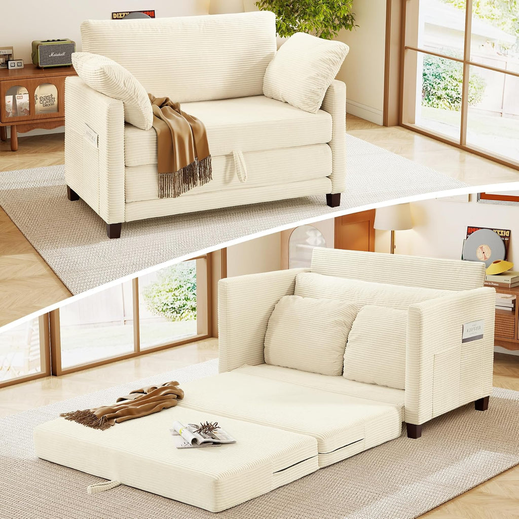 51' Loveseat Sleeper Sofa Bed, Corduroy Convertible Floor Sofa Bed for Small Spaces, Folding Couch Bed with Deep Seat, 2 Pillows & Solid Frame, Pull Out Floor Couch for Living Room, Beige