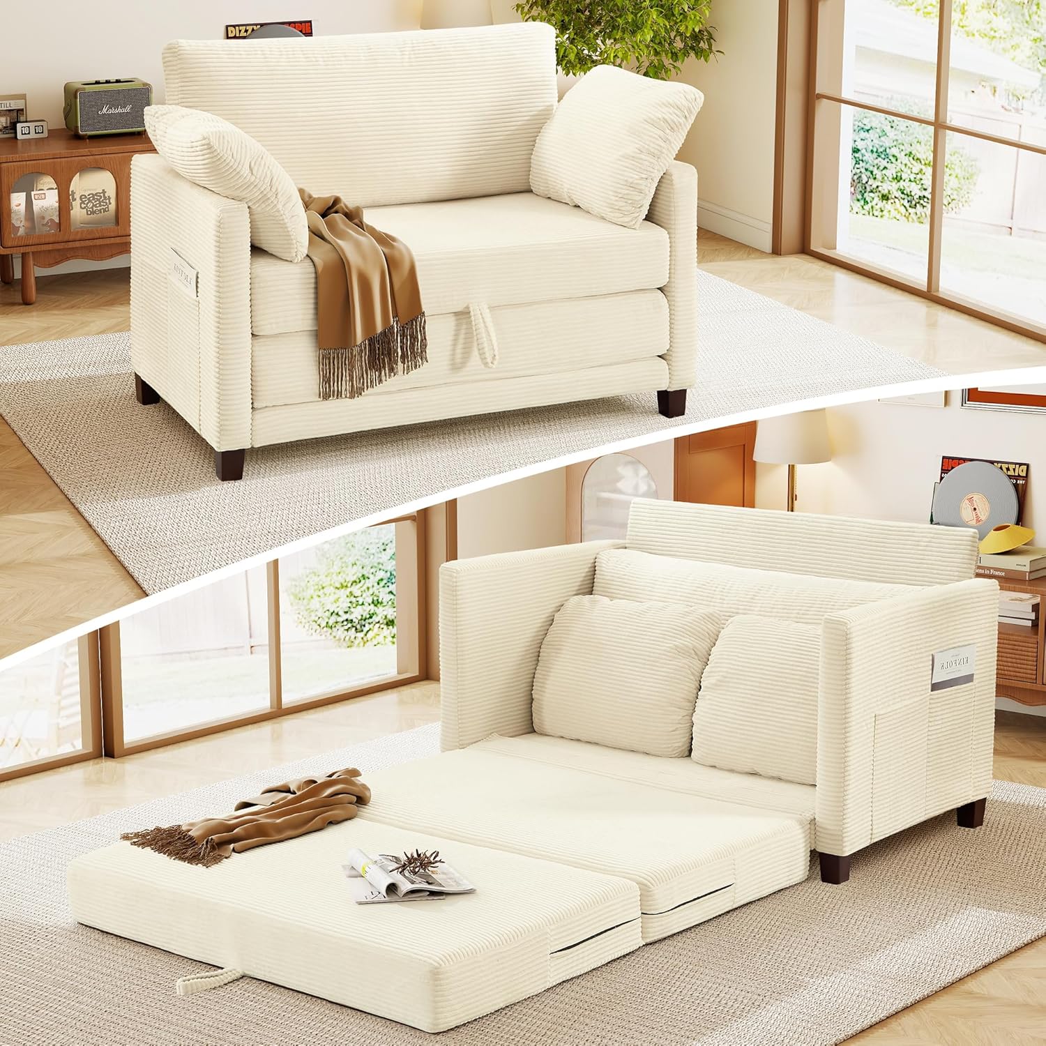 51' Loveseat Sleeper Sofa Bed, Corduroy Convertible Floor Sofa Bed for Small Spaces, Folding Couch Bed with Deep Seat, 2 Pillows & Solid Frame, Pull Out Floor Couch for Living Room, Beige