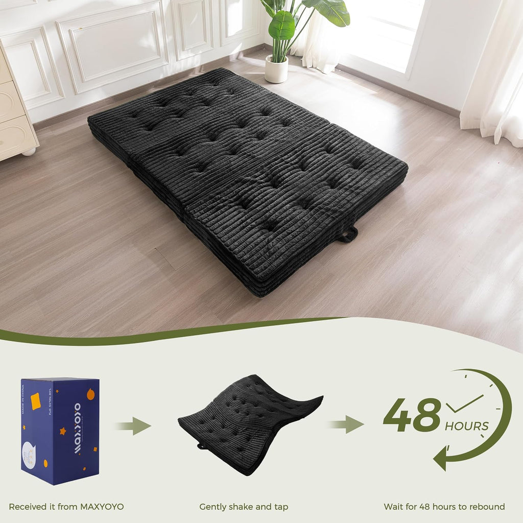 MAXYOYO Folding Sofa Couch Bed, 6 Inch Tri-Fold Floor Sofa Bed, Folding Mattress with Handles, Soft Faux Fur Folding Bed with Supportive Foam Filling, Portable Couch for Living Room, Queen, Black