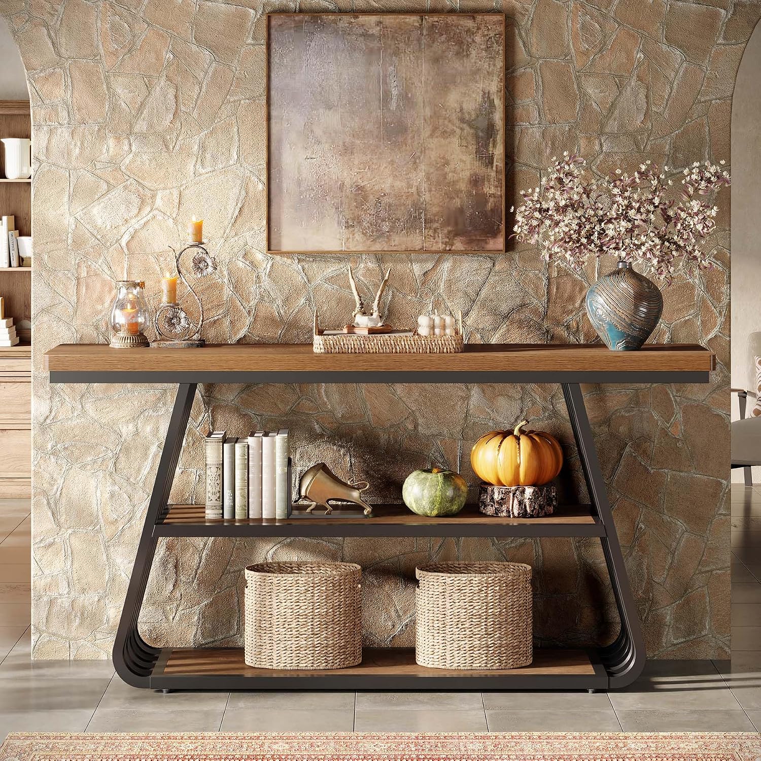Tribesigns 55' Entryway Table with Shelves, 3-Tier Console Table Sofa Table with Iron Frame, Wooden Entry Table for Living Room, Foyer, Hallway, Industrial Style