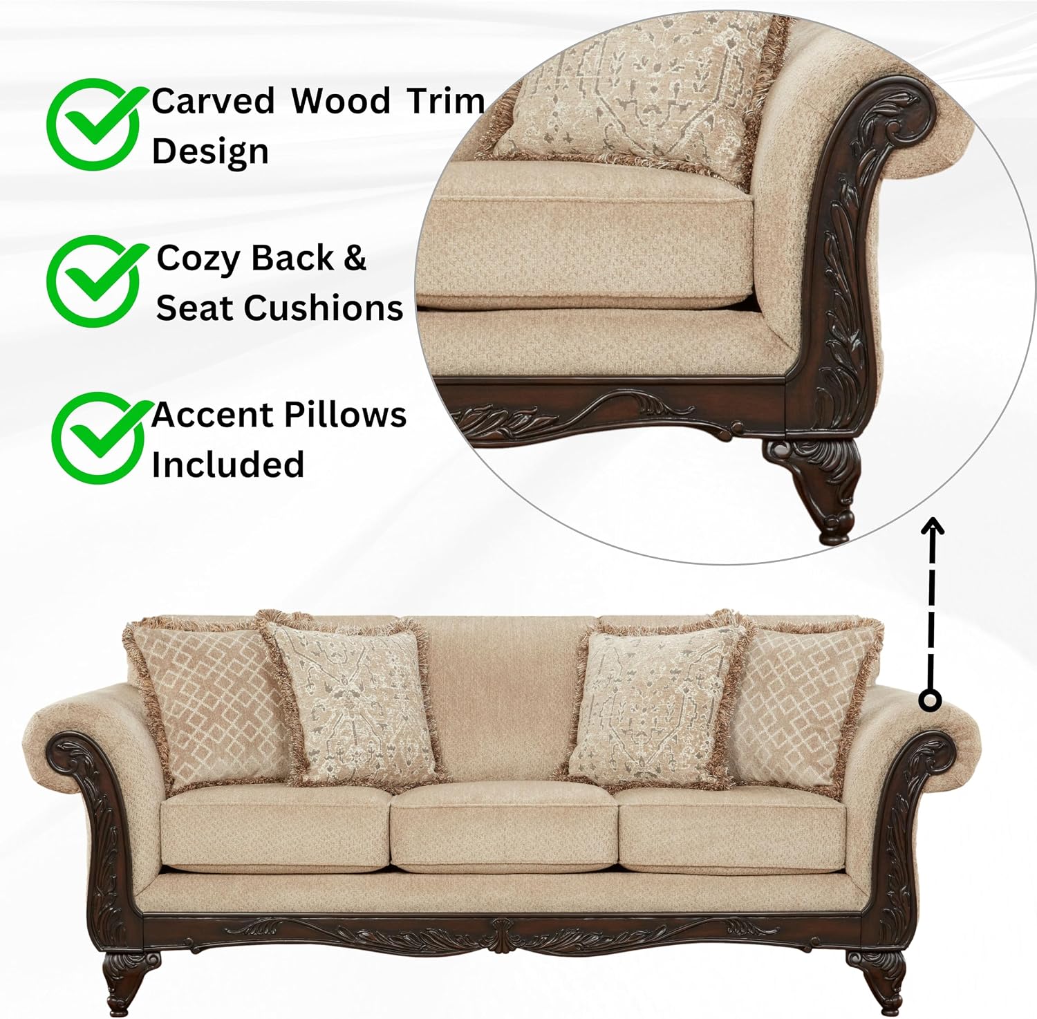 Hernen 2-Piece Living Room Set, Carved Wood Frame Sofa and Loveseat, Beige Wheat