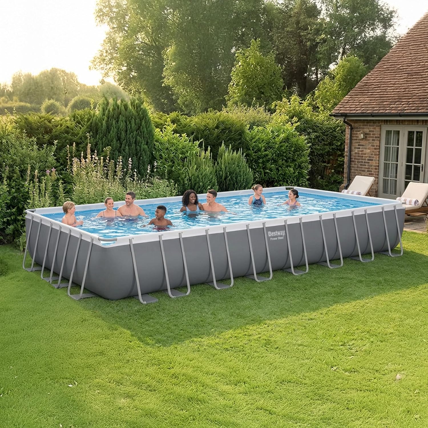 Bestway Power Steel 31'4' x 16' x 52' Above Ground Pool, Rectangular Metal Frame Outdoor Swimming Pool Set with Sand Filter Pump, Ladder, and Cover