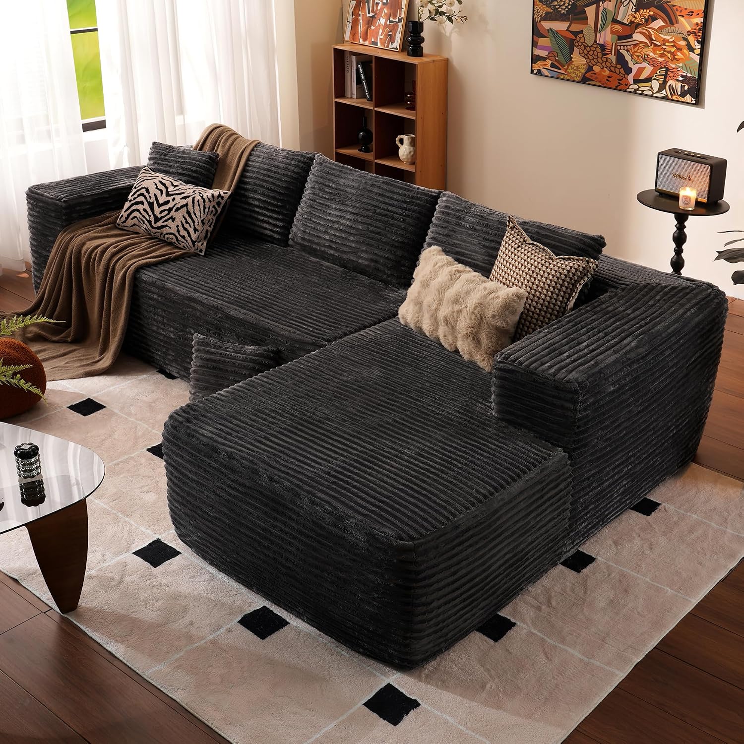ovios 104' Cloud Boneless Couch with L-Shape Chaise,Modern Sectional Modular Sofa with Deep Seat, Upholstered Couches for Living Room Bedroom,No Assembly Required, Grey (Plush Corduroy Fabric)
