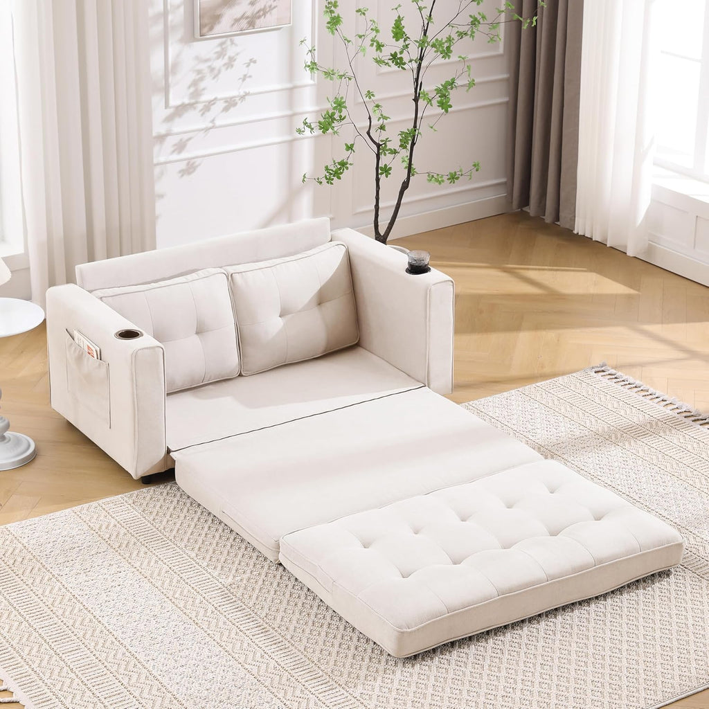Merax Convertible Sleeper Sofa Bed, Futon Sofa Bed, 3 in 1 Convertible Loveseat Sleeper with Pull Out Bed, Foldable Tufted Sofa Bed Couch W/Cup Holder and Side Pockets,Beige
