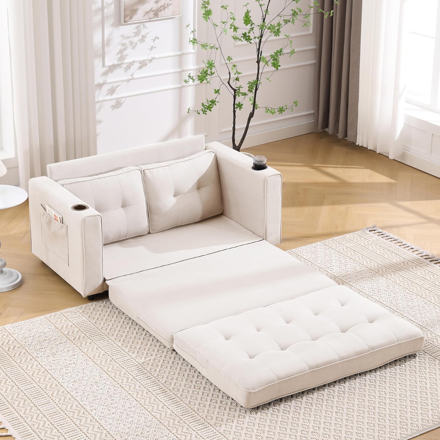 Merax Convertible Sleeper Sofa Bed, Futon Sofa Bed, 3 in 1 Convertible Loveseat Sleeper with Pull Out Bed, Foldable Tufted Sofa Bed Couch W/Cup Holder and Side Pockets,Beige