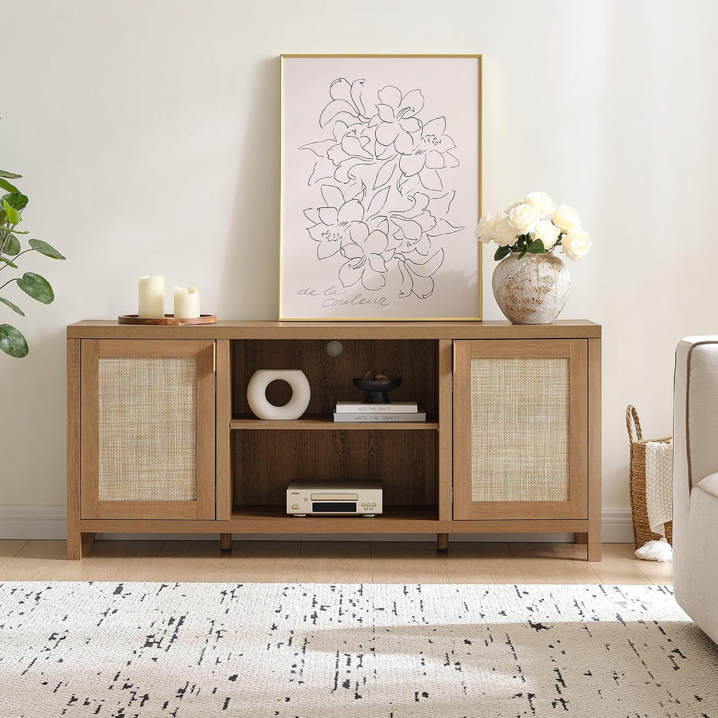 SICOTAS TV Stands for Living Room : Rattan TV Console Cabinet with Storage and Shelf, Boho Entertainment Center, 59' Media Console for 55, 65 Inch TV, 26' Tall Television Stands, Oak