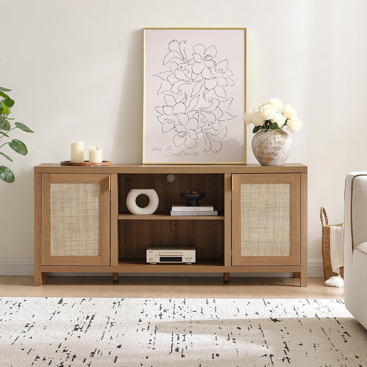 SICOTAS TV Stands for Living Room : Rattan TV Console Cabinet with Storage and Shelf, Boho Entertainment Center, 59' Media Console for 55, 65 Inch TV, 26' Tall Television Stands, Oak