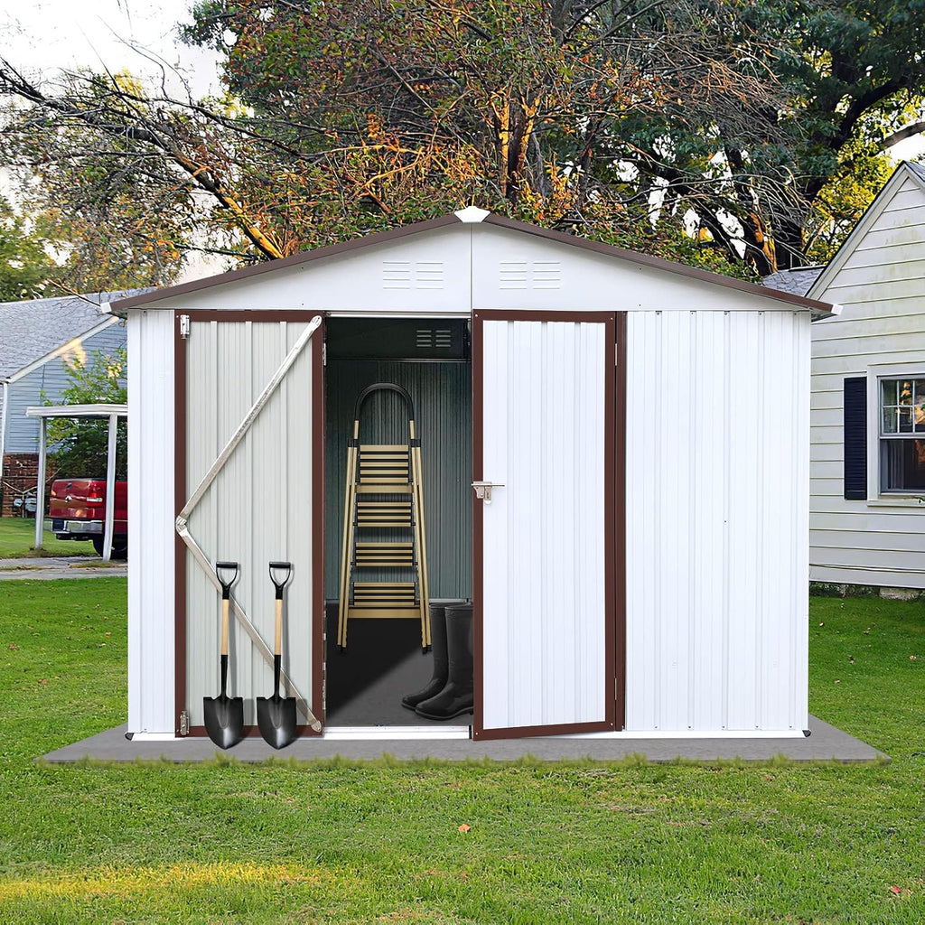 10 x8 FT Metal Outdoor Storage Shed & Double Hinged Large Door - Heavy-Duty Shed with Floor, Lockable & Ventilation - Rainproof Windproof Large Utility Garden Shed for Backyard Patio Lawn - Brown