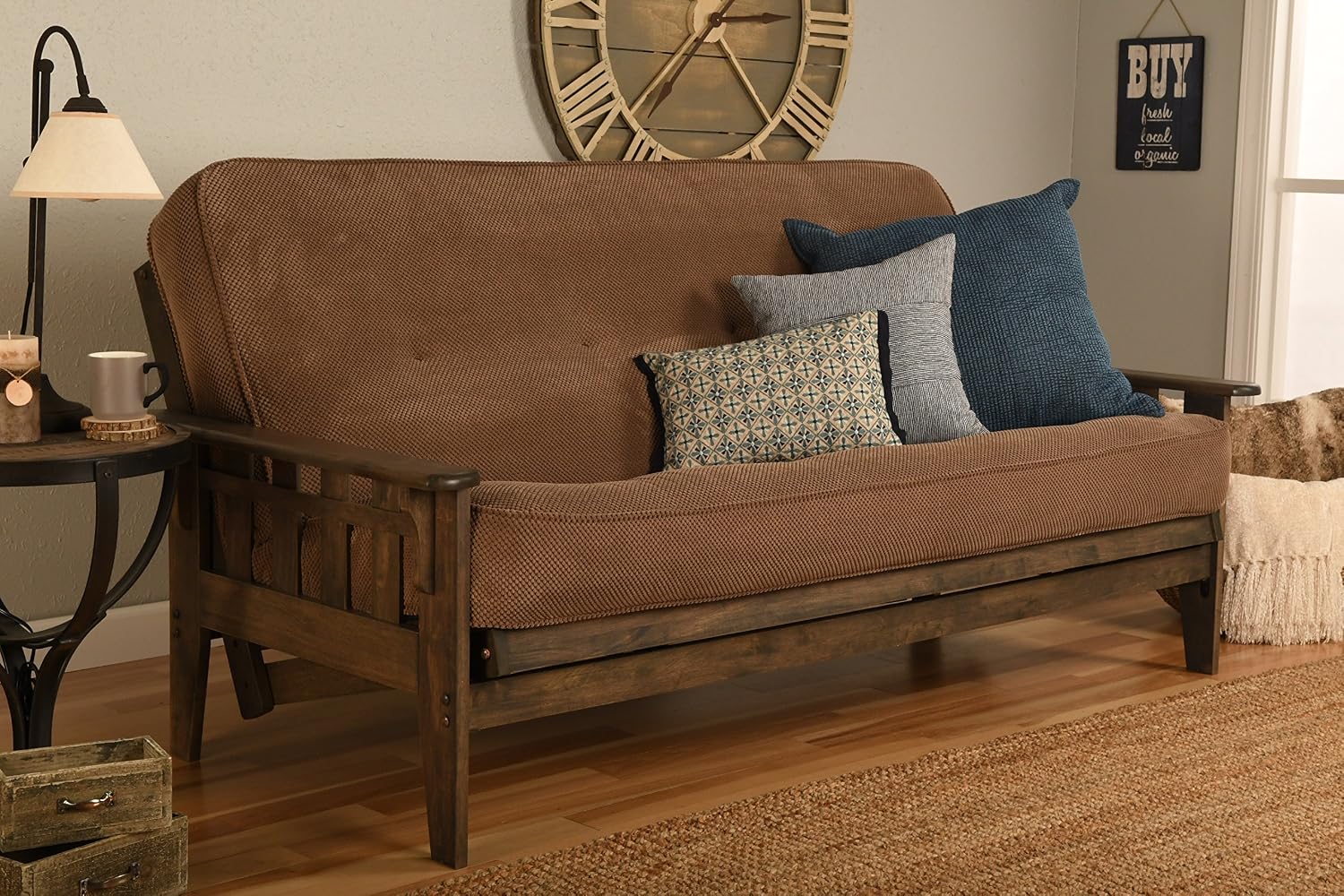 FutonX Rustic Walnut Frame and Mattress Set with Choice to add Drawers, 8 Inch Innerspring Futon Sofa Bed Full Size Wood (Marmont Mocha Matt and Frame (No Drawers))