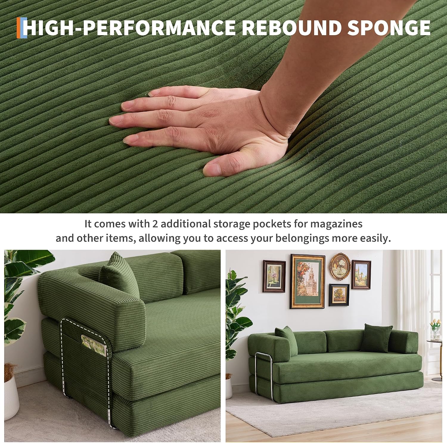 Garvee 5-in-1 Convertible Sofa Bed, 78.8' Modular Corduroy Sleeper with Sturdy Frame & No Assembly, Multi-Functional Futon for Small Space, Living Room & Guest Room (Green) (Green)