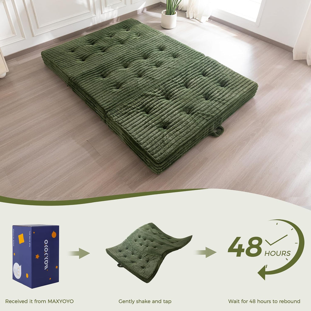 MAXYOYO Folding Sofa Couch Bed, 6 Inch Tri-Fold Floor Sofa Bed, Folding Mattress with Handles, Soft Faux Fur Folding Bed with Supportive Foam Filling, Portable Couch for Living Room, Queen, Dark Green