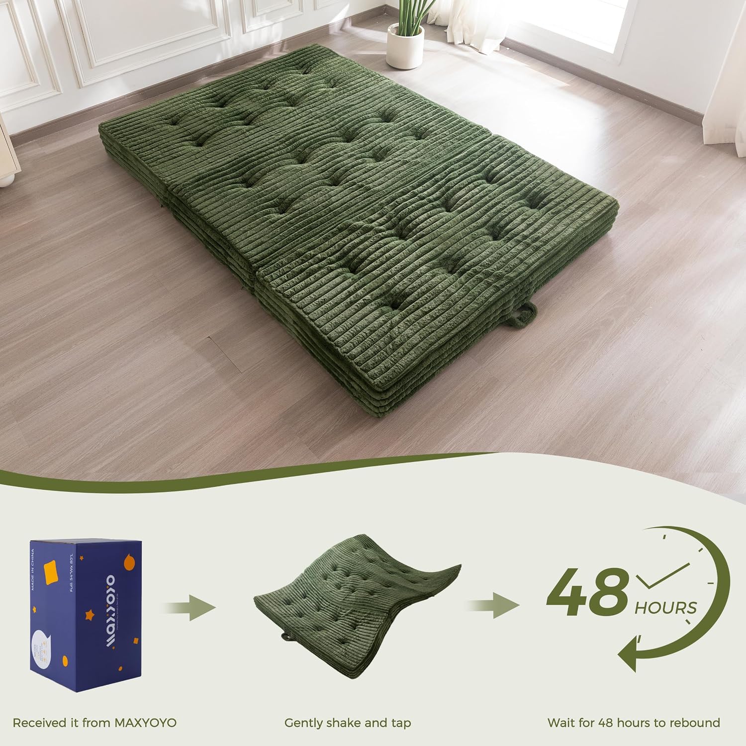 MAXYOYO Folding Sofa Couch Bed, 6 Inch Tri-Fold Floor Sofa Bed, Folding Mattress with Handles, Soft Faux Fur Folding Bed with Supportive Foam Filling, Portable Couch for Living Room, Queen, Dark Green