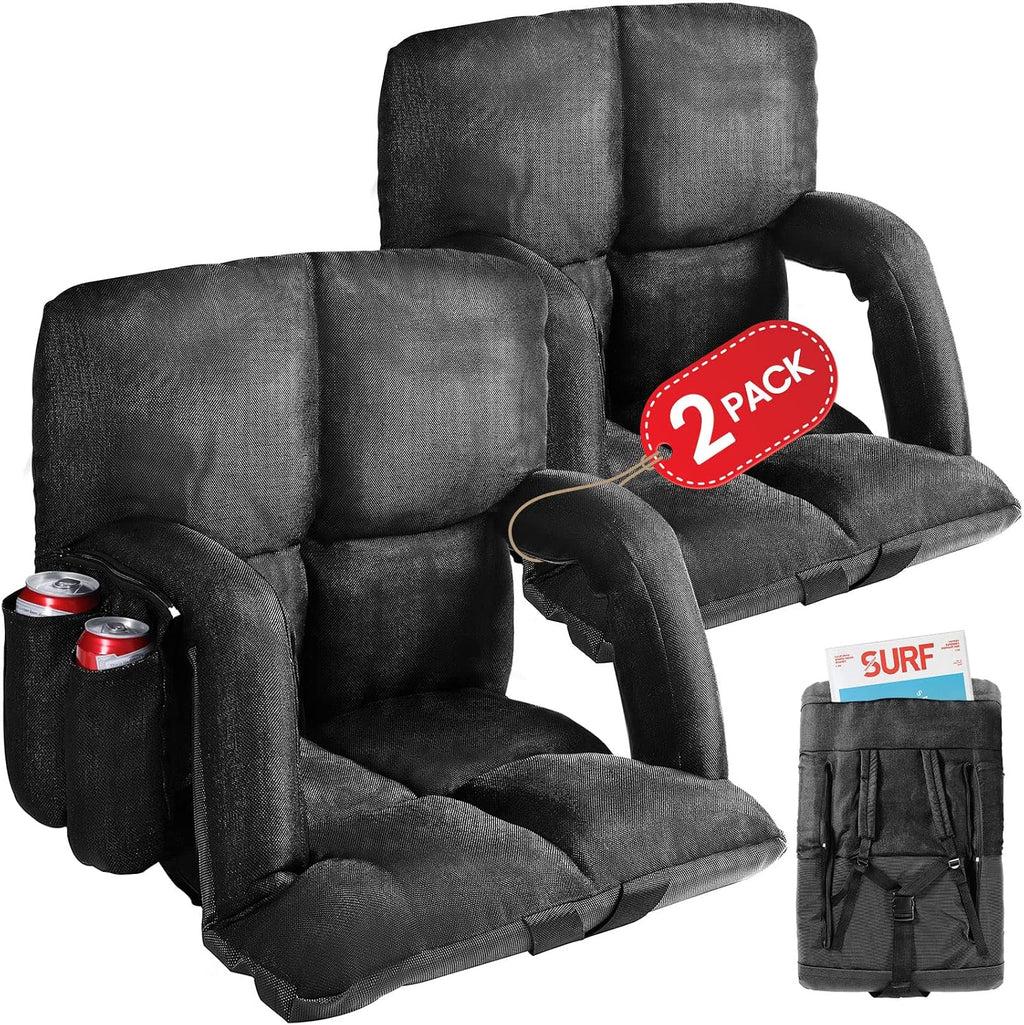 Wide Stadium Seats for Bleachers with Back Support, Extra Thick Plus Size Bleacher Seats with Backs and Cushion Wide, 6 Reclining Positions Bleacher Chairs for Outdoor Indoor 2 Pack (Black)