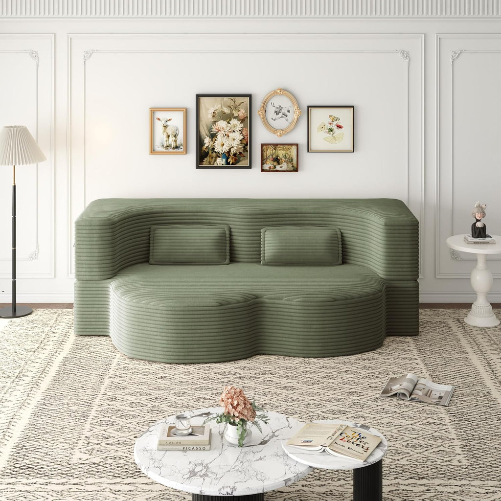 78' Futon Sofa Bed, 2-in-1 Foldable Floor Sleeper Sofa, Convertible Corduroy Curved Loveseat with 2 Pillows, Full Mattress Bed, Upholstered Boneless Couches for Living Room, Apartment, Green