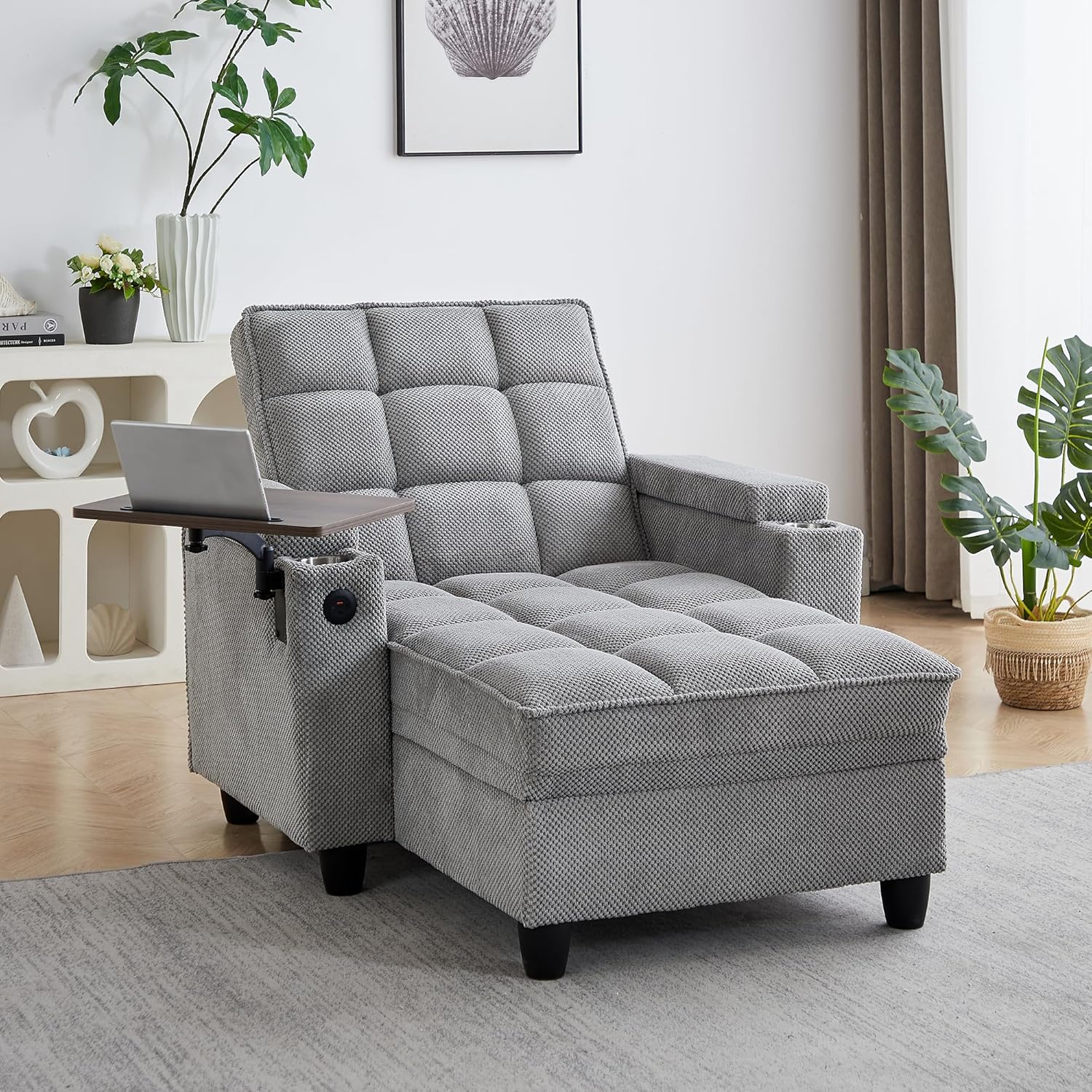 41.7' Oversized Chaise Lounge Chair Indoor, Boucle Upholstered Sofa Bed with Adjustable Backrest, Deep Seat Reading Chair, Sofas Couches for Living Room, Storage, Cup Holders & 360° Swivel Side Table