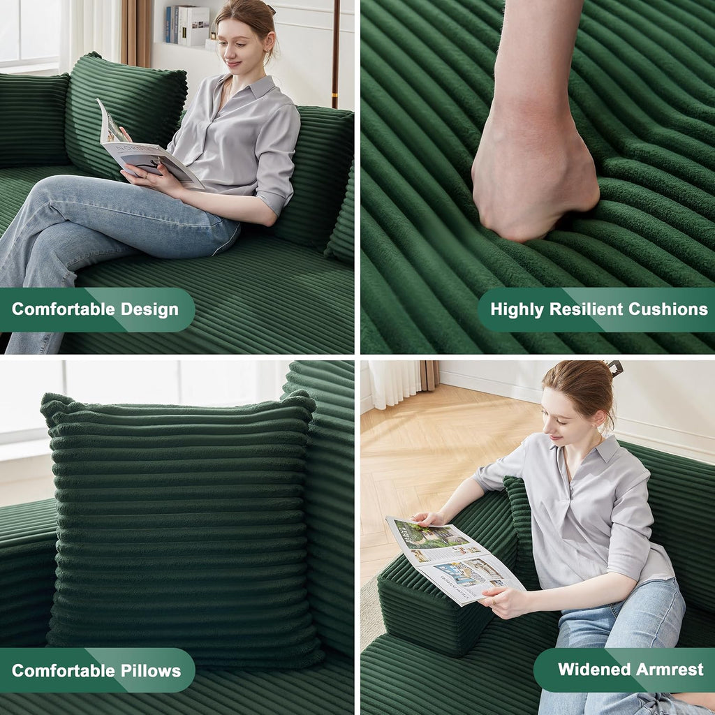 Mangodan 110' Cloud Sectional Couch, Modular Sectional Sofa for Living Room, Boneless Sofa with Deep Seat, Comfy Fluffy Couch with L-Shaped Chaise, No Assembly Required (Left-Facing Chaise, Green)
