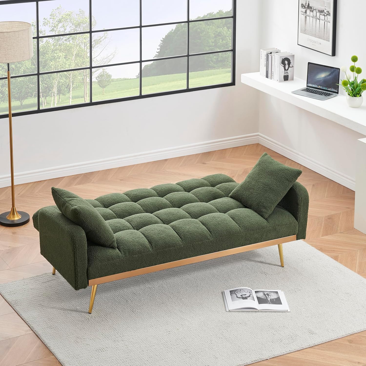 KEIKI 69' Folding Futon Sofa Couch w/Adjustable Backrest, Mid Century Modern Loveseat Convertible to Sleeper Bed, Small Comfy Teddy Cloud Couch SofaBed for Living Room & Bedroom, 2 Pillows, Green