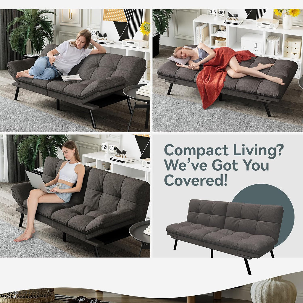 Futon Sofa Bed Convertible Couch, Grey Linen Sofa Bed with Memory Foam, Adjustable Backrest & Armrests, Multifunctional Small Loveseat Sleeper Sofa for Living Room, Apartment, Office