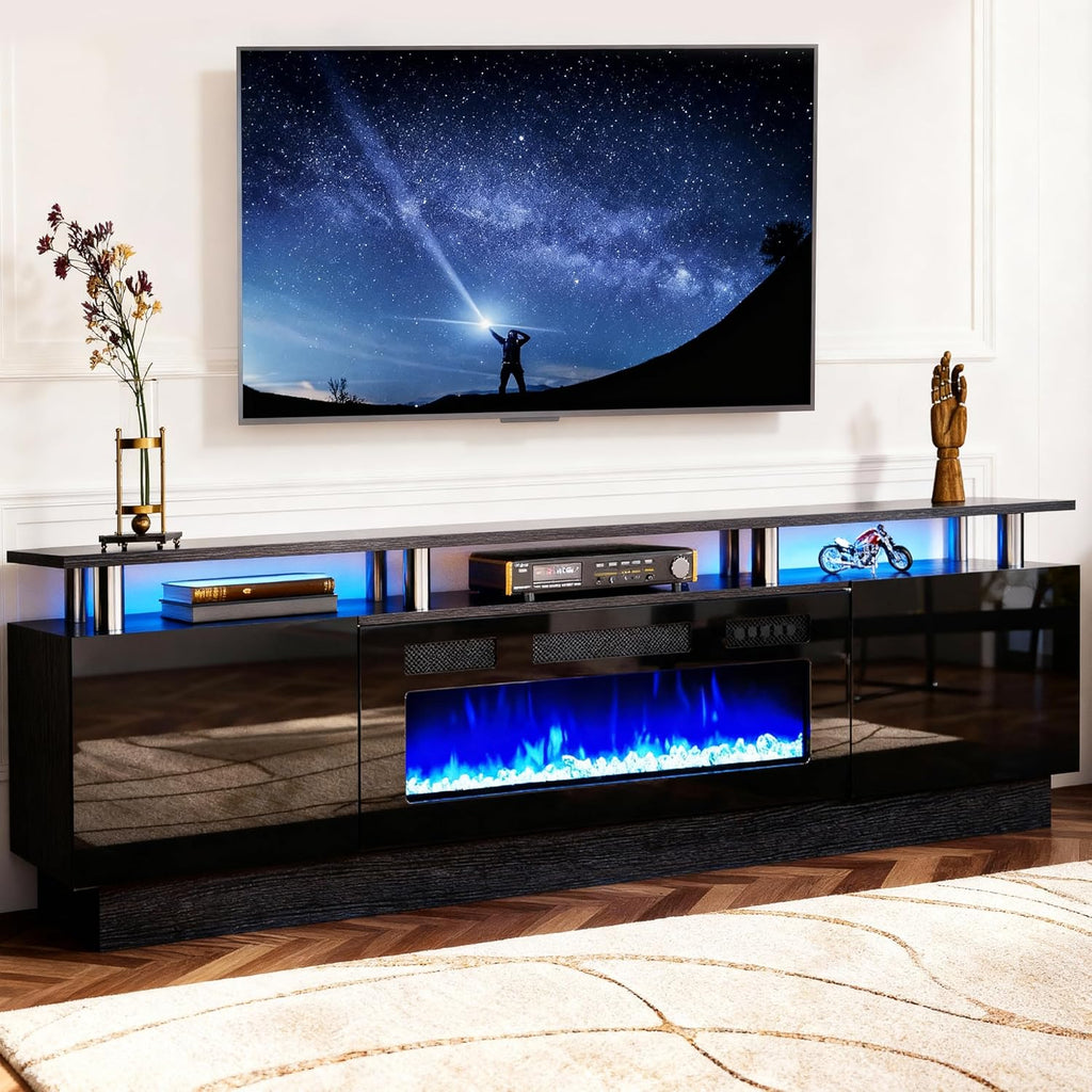 oneinmil Fireplace TV Stand with 36' Electric Fireplace, 2 Tier TV Console Stand for TVs Up to 90'', LED Light Entertainment Center, Fireplace for The Living Room TV Stand, Black, 80''