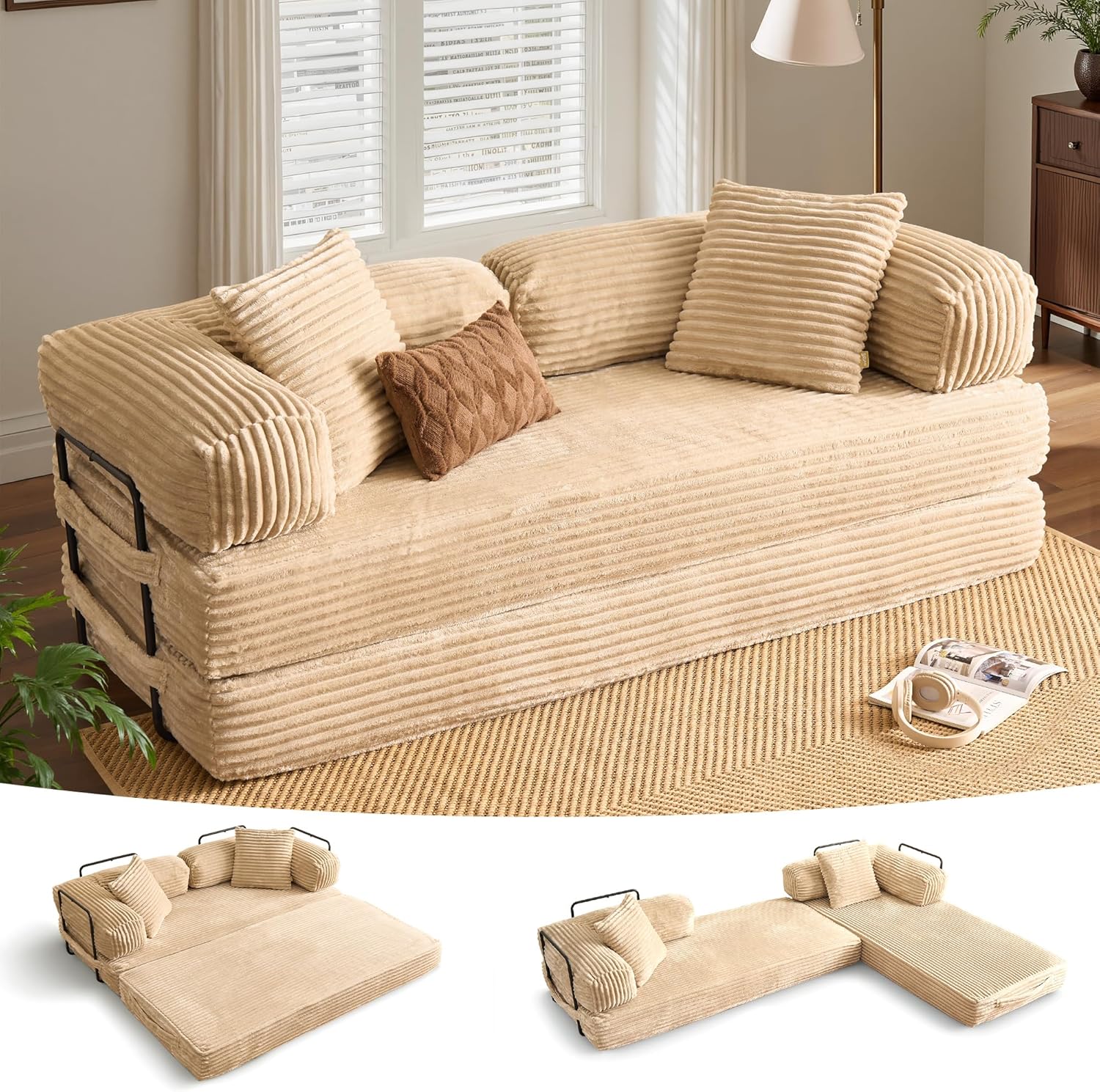 ovios 81' Folding Sofa Bed, Foldable Sleeper Boneless Couch with Pull Out Beds, Modular Convertible Floor Futon Loveseat Lounger for Living Room (Faux Fur, Beige)
