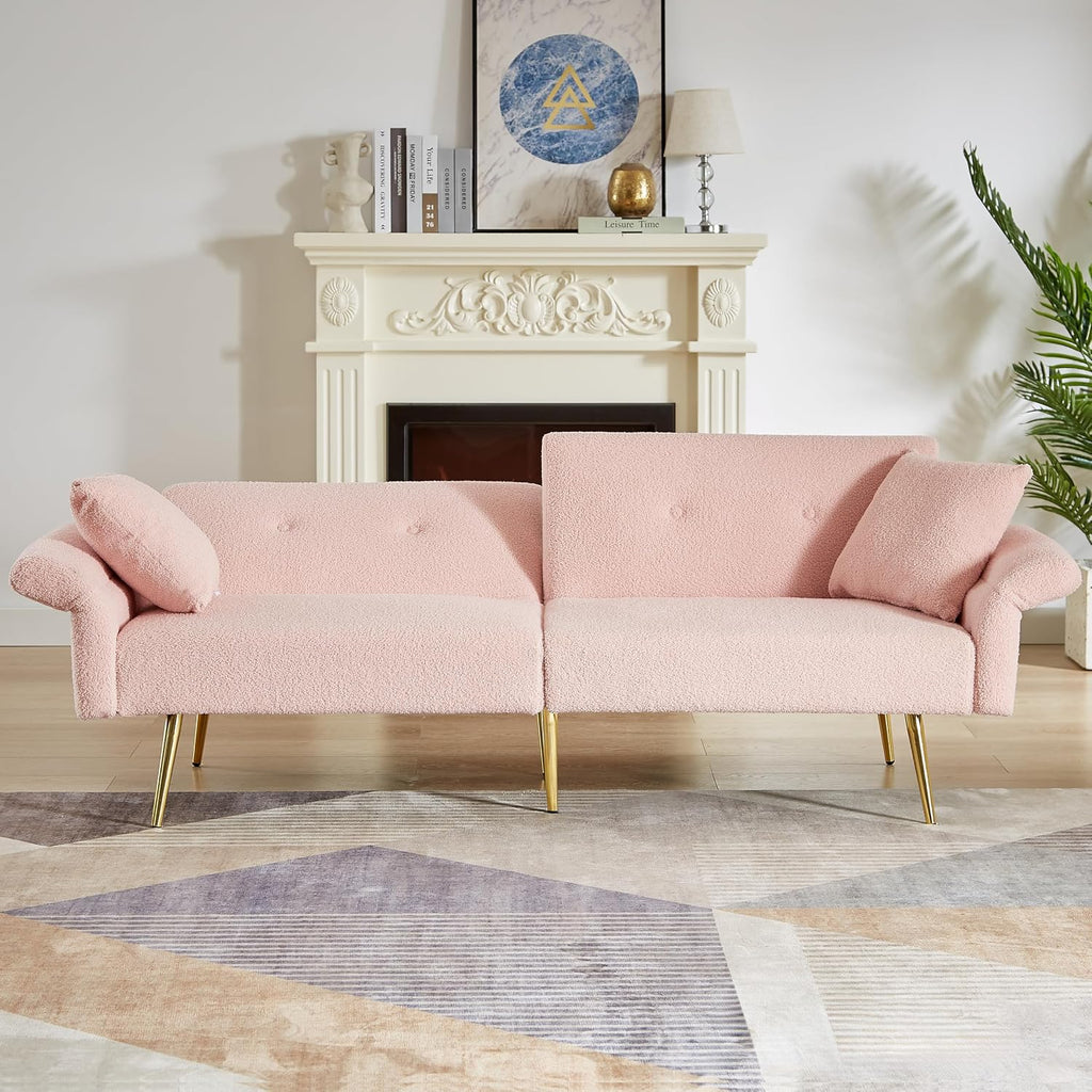 69.5'Pink Convertible Futon Sofa Bed with Adjustable Backrest and Armrests, Teddy Upholstered Loveseat Sleeper Couch with 2 Pillows and Metal Legs Love Seat for Guest Room Living Room (Pink)