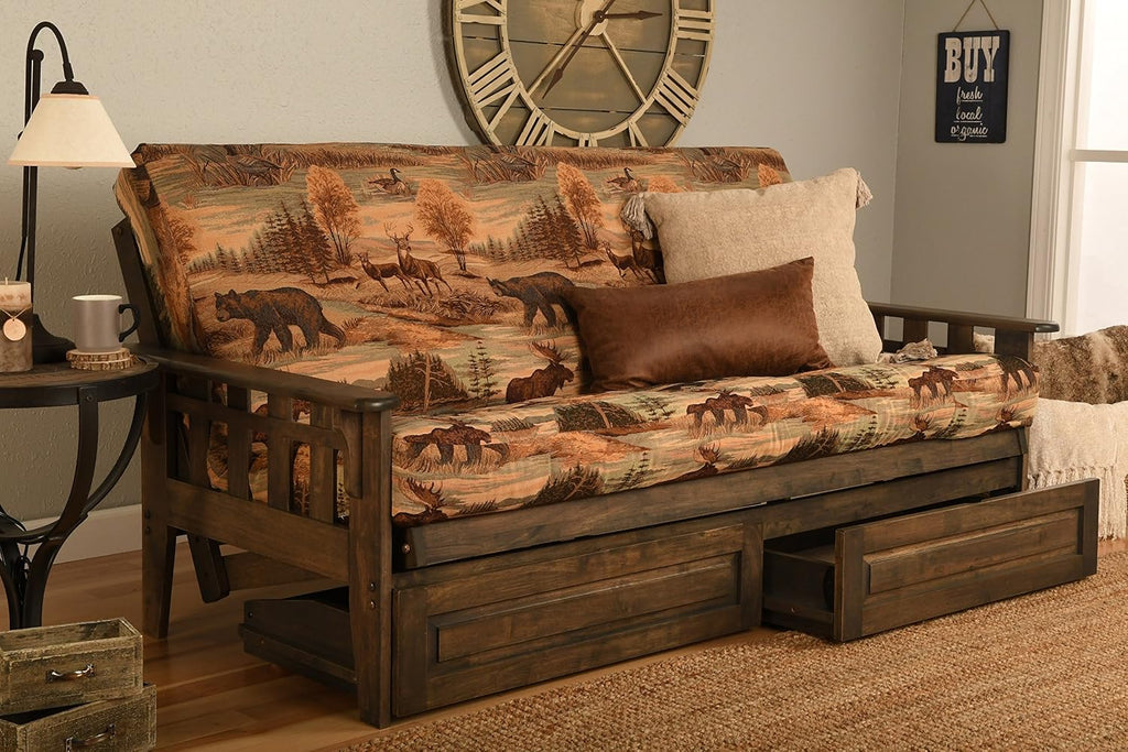 FutonX Rustic Walnut Frame and Mattress Set with Choice to add Drawers, 8 Inch Innerspring Futon Sofa Bed Full Size Wood (Kodiak Bear Matt, Frame and Drawers)