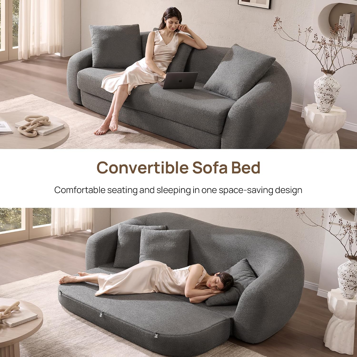 SICOTAS 90.6' Curved Convertible Sofa Couch Bed for Living Room Futon Cloud Boneless Sleeper Sofa Pull Out Floor Couch with Deep Seat 3 Seater Foam Bed No Assembly for Bedroom Apartment, Dark Grey