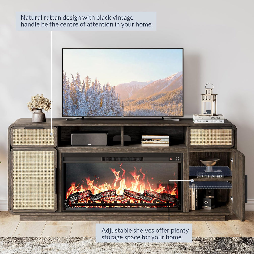 BELLEZE 68' TV Stand for TV Up to 75',Boho Entertainment Center with 36' Electric Fireplace Heater with Sound, Rattan Decorated Console Table Storage Cabinet for Living Room, Bedroom - (Brown)
