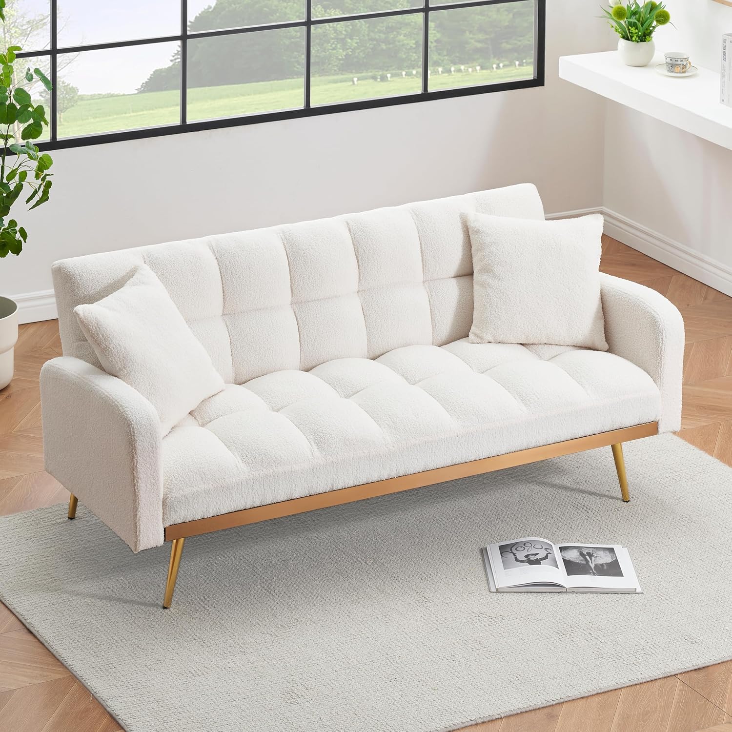 Teddy Futon Sofa Bed,69' Modern Small Love Seat Couch for Small Spaces,Convertible Tufted Sleeper Sofa Loveseat Couch Bed with Gold Metal Legs for Living Room,Bedroom (Teddy Beige)