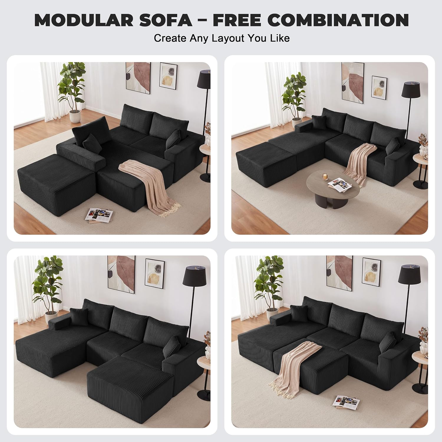 Weture 108' Modular Sectional Couches, Modern Modular U-Shape Sofa with Chaise, Cloud Sectional Couch with Deep Seat, Upholstered Boneless Sofa for Living Room (Corduroy, Black)