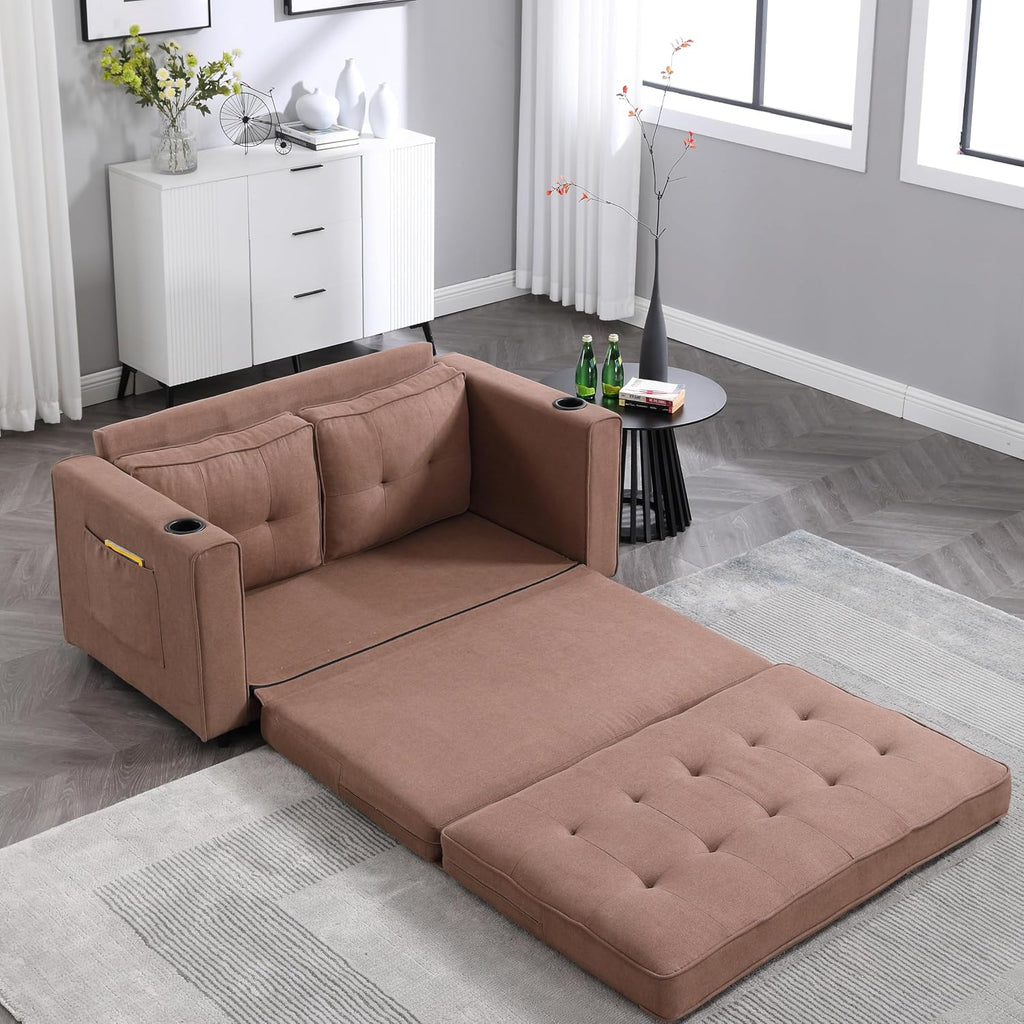 Merax Folding Sofa Bed with 2 Storage Pockets, Linen Convertible Couch Bed with Cup Holders, Loveseat Sleeper Sofa, Folding Couch Bed for Small Spaces for Living Room, Apartment, Brown