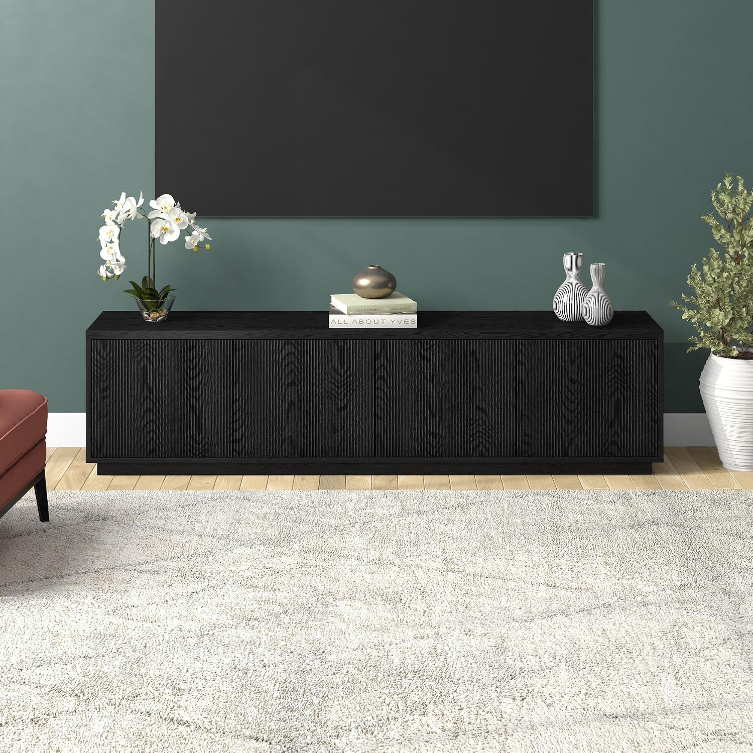 Henn&Hart Fluted TV Stand for TVs up to 85' with 2 Concealed Ribbed Storage Cabinets and Adjustable Shelves for Living Room, Family Room, or Office, Natural Black