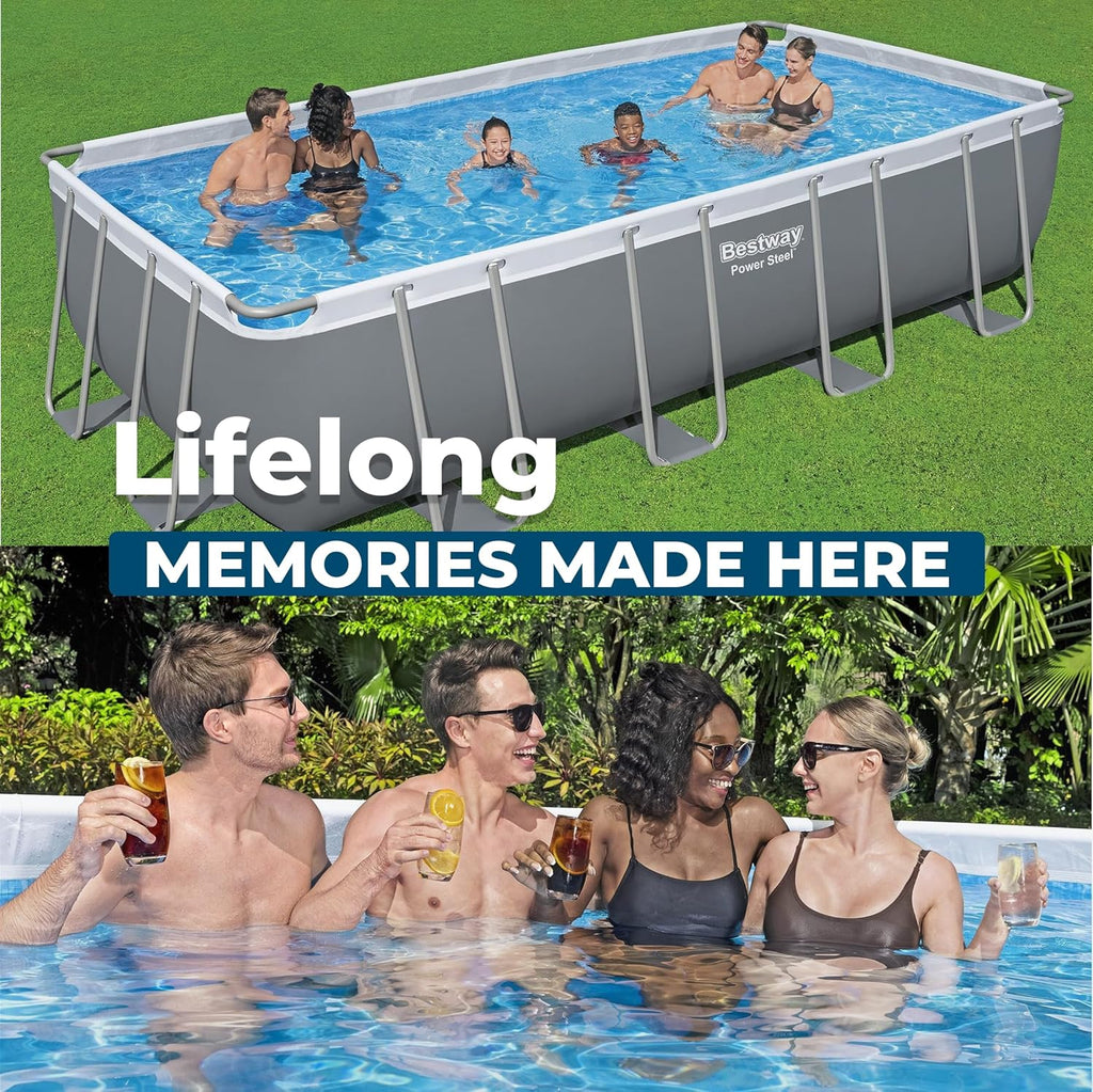 Bestway Power Steel 18' x 9' x 48' Above Ground Pool, Rectangular Metal Frame Outdoor Swimming Pool Set with Sand Filter Pump, Ladder, and Cover