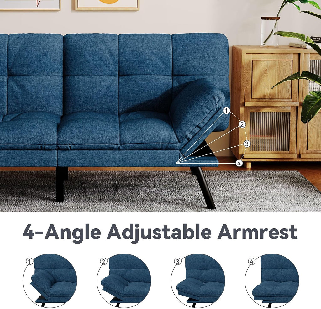 Convertible Futon Sofa Bed,Linen Futon Couch with Detachable Cushion,Adjustable Backrest & Armrest,Modern Small Loveseat Sleeper Recliner for Living Room,Office,Apartment,Blue