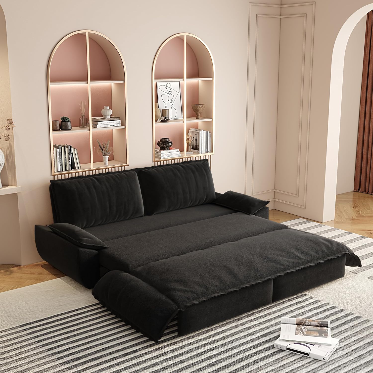 3 in 1 Convertible Queen Sleeper Sofa Bed Comfy Pull Out Futon Couch Bed 73.2' Modern Velvet Recliner Loveseat Sofa Multi-Functional Black Cloud Couch for Living Room,Apartment,Office (Black 73.2')