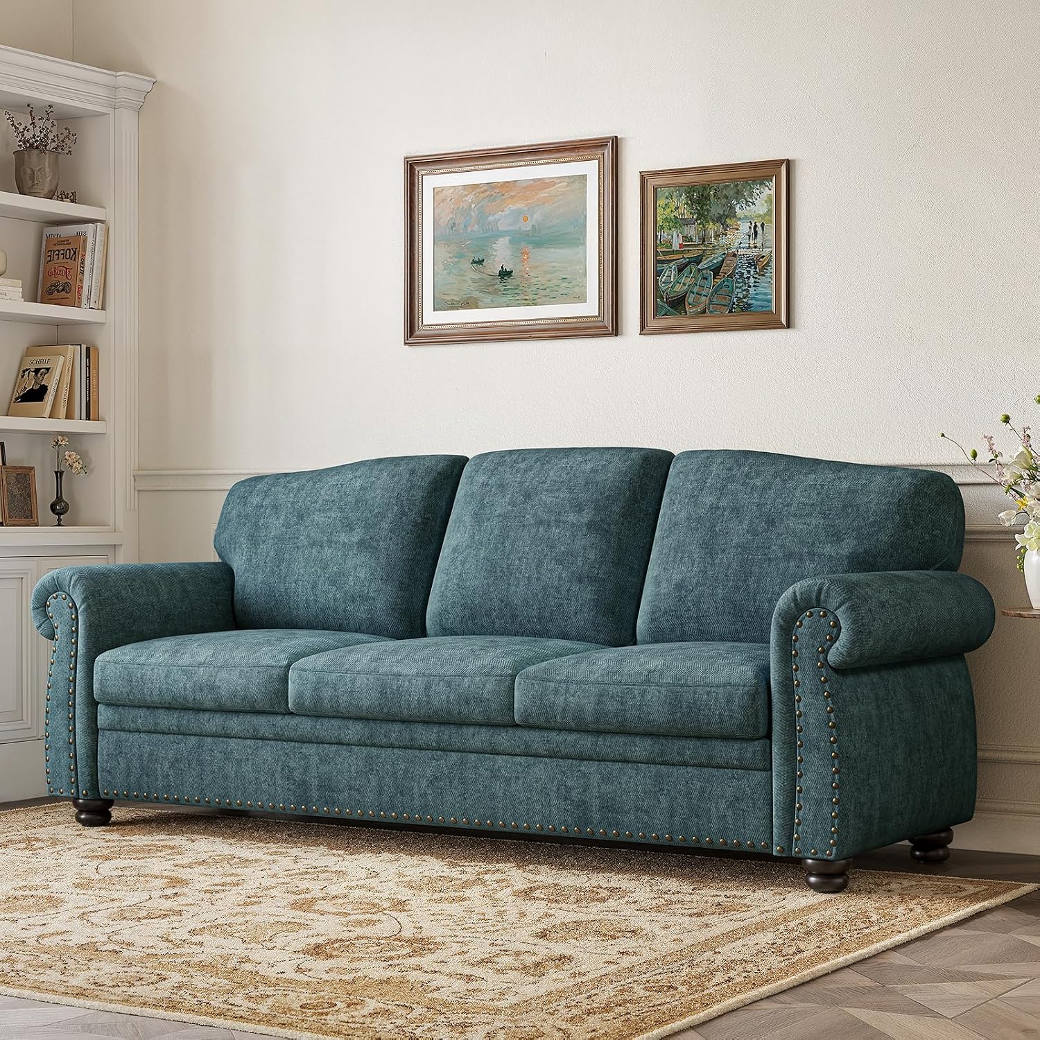 ONBRILL 90 Inch Rolled Arm Sofa for Living Room, Deep Seat Nailhead Trim Couch, Comfy 3 Seater Chenille Couch w/Wooden Leg, Springs Seat Cushion, Large Traditional Sofa for Farmhouse, Blue