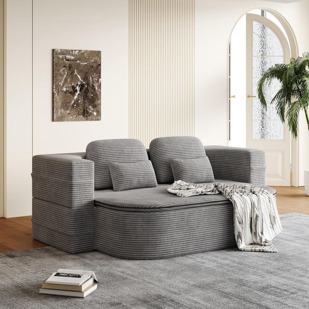 Convertible Folding Futon Sofa Bed, 2-in-1 Corduroy Love seat Sleeper Sofa with Functional Blanket, Foldable Full Size Guest Couch Bed with 4 Soft Pillows for Living Room (Grey)