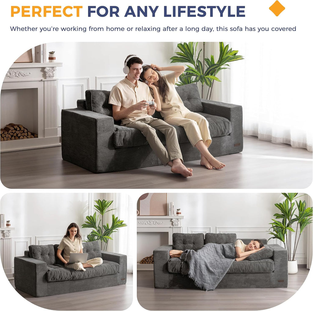 MAXYOYO 3 Seater Couch for Living Room, Boneless Couch with Tufted Cushion & Backrest, Upholstered Floor Sofa, Sofa in A Box, Dark Grey