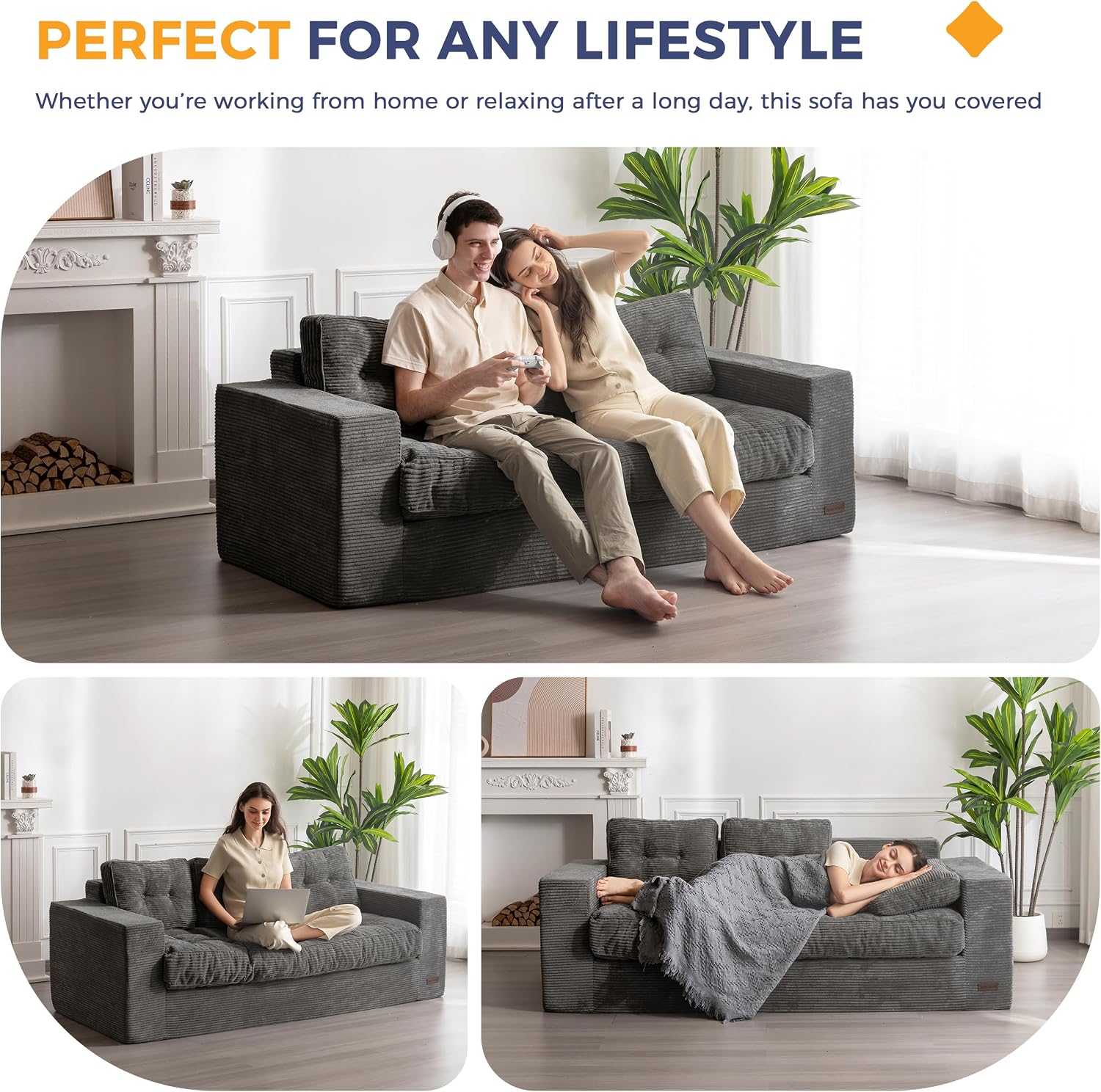 MAXYOYO 3 Seater Couch for Living Room, Boneless Couch with Tufted Cushion & Backrest, Upholstered Floor Sofa, Sofa in A Box, Dark Grey