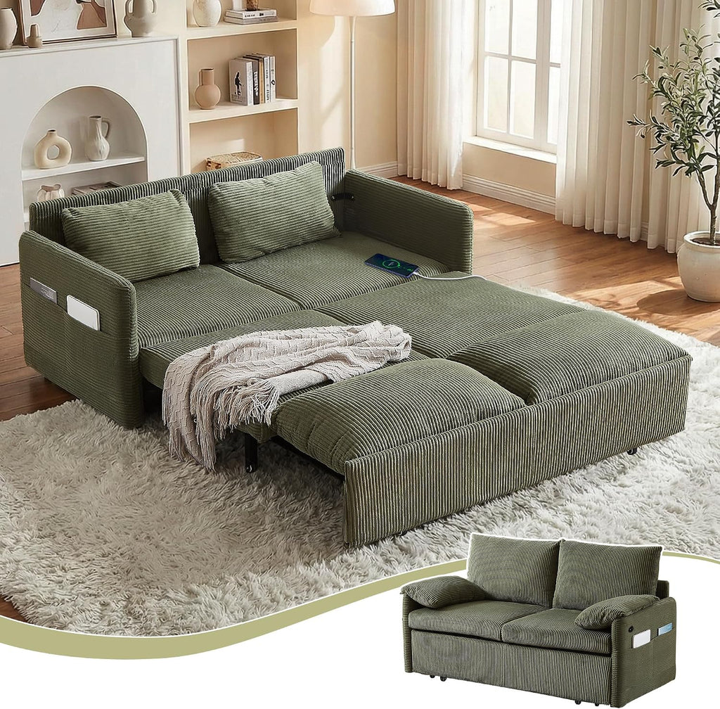CAPCAEK Queen Size Pull Out Couch, Sleeper Sofa Bed Queen with USB, Storage Pockets & Pillows, 3-in-1 Modern Convertible Loveseat Couch Bed for Living Room Bedroom, Office, Apartment, Corduroy(Green)