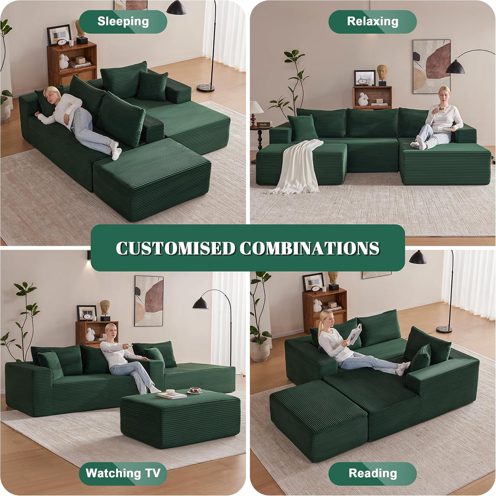 Mangodan 110' Cloud Sectional Couch, Boneless Sofa for Living Room, Modular Sectional Sofa with Deep Seat, Comfy Fluffy U-Shaped Couch with Right-Facing Chaise, No Assembly Required, Green